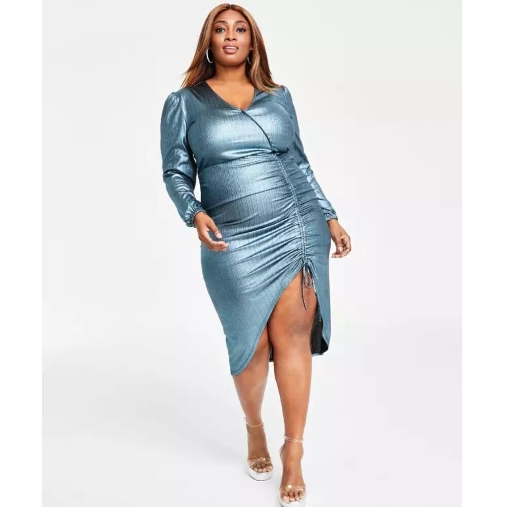 Nina Parker Ice Blue Metallic Long Sleeve Dress Sz 1x Glam Party New Years